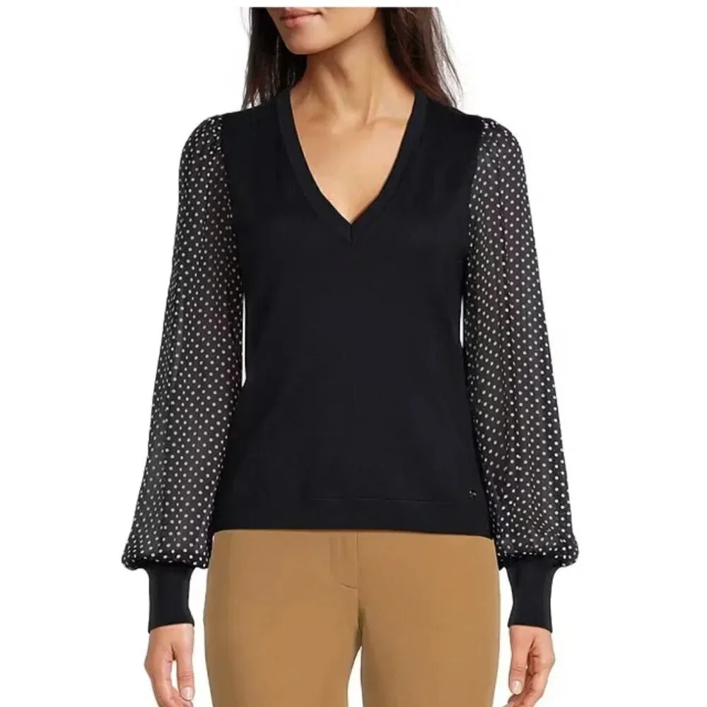 NWOT Tommy Hilfiger Navy Blue Polka Dot Long Sleeve Blouse Top Small